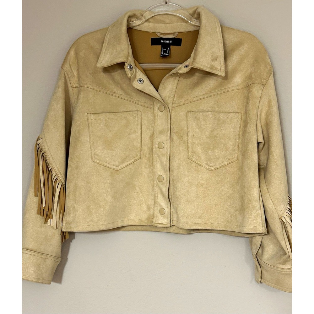 Forever 21 Beige Fringe Western Cropped Jacket Snap Closure Pockets Womens M